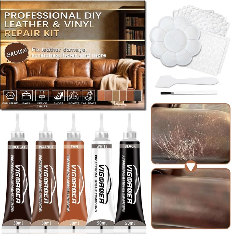 Vigorder Brown Leather Repair Kit for Furniture, Leather Couch Repair Kit for Furniture, Sofa, Jacket, Purse – Super Easy Instructions to Fix Scratches, Tears, Holes, and Peeling - Image 1