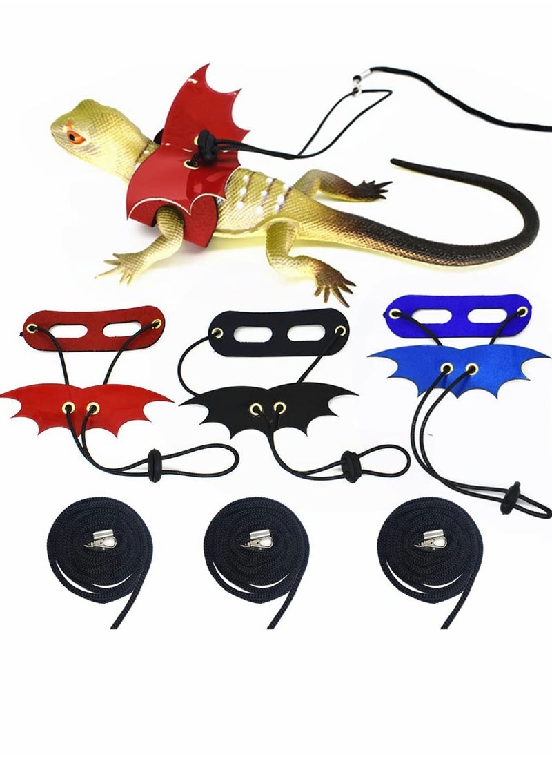 Generic Leash for small animals, Adjustable Bearded Dragon Leash and Harnesses with Cool Bat Wings, Soft Leather Lizard Leash for Bearded Dragon, Amphibians, Reptile (S 3Pcs)  - Image 1