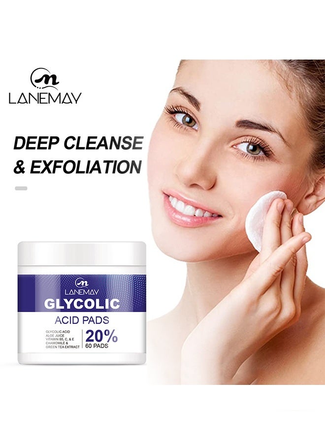 LANEMAY Glycolic Acid Pads,Pure Glycolic Acid Pads for Face and Body - 20% Resurfacing Exfoliating Pads with Vitamins C, E, B5, Aloe Vera Juice, Green Tea and Chamomile Extracts - For Skin Tone, Acne, Fine Lines and Dark Spots 60Pads - Image 1