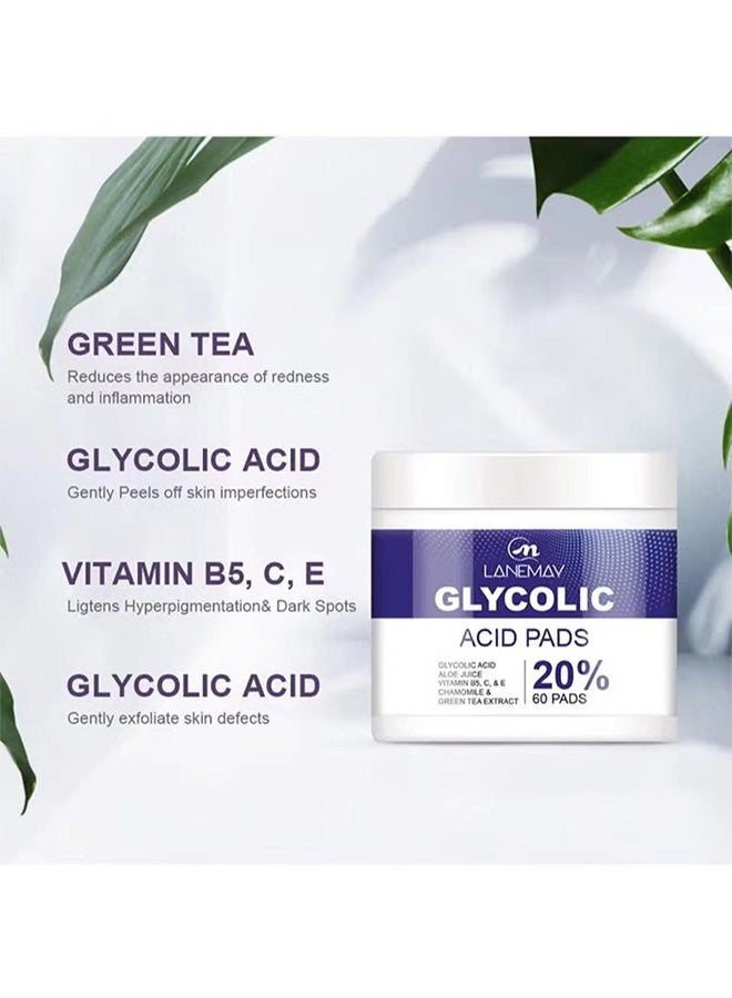 LANEMAY Glycolic Acid Pads,Pure Glycolic Acid Pads for Face and Body - 20% Resurfacing Exfoliating Pads with Vitamins C, E, B5, Aloe Vera Juice, Green Tea and Chamomile Extracts - For Skin Tone, Acne, Fine Lines and Dark Spots 60Pads - Image 4