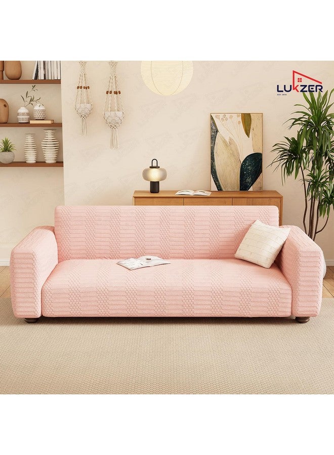 Lukzer غطاء أريكة لوكزر بمقعدين بلون وردي باهت بنمط خطوط منقطة | 240 جرام لكل متر مربع غطاء أريكة قماش جاكار عالمي قابل للتمدد | غطاء أريكة مضاد للانزلاق وقابل للغسل (140-180 سم/SC-068-02) - Image 4