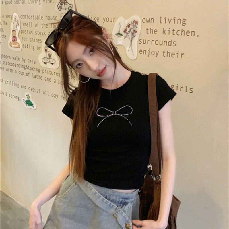 2025 Summer American Girl Short Sleeve T-Shirt Women'S Navel Black Bow Diamond Slim Short Top Trendy - Image 3