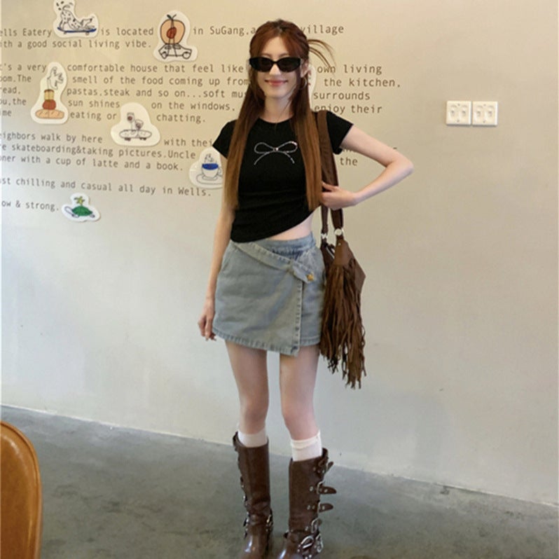 2025 Summer American Girl Short Sleeve T-Shirt Women'S Navel Black Bow Diamond Slim Short Top Trendy - Image 4