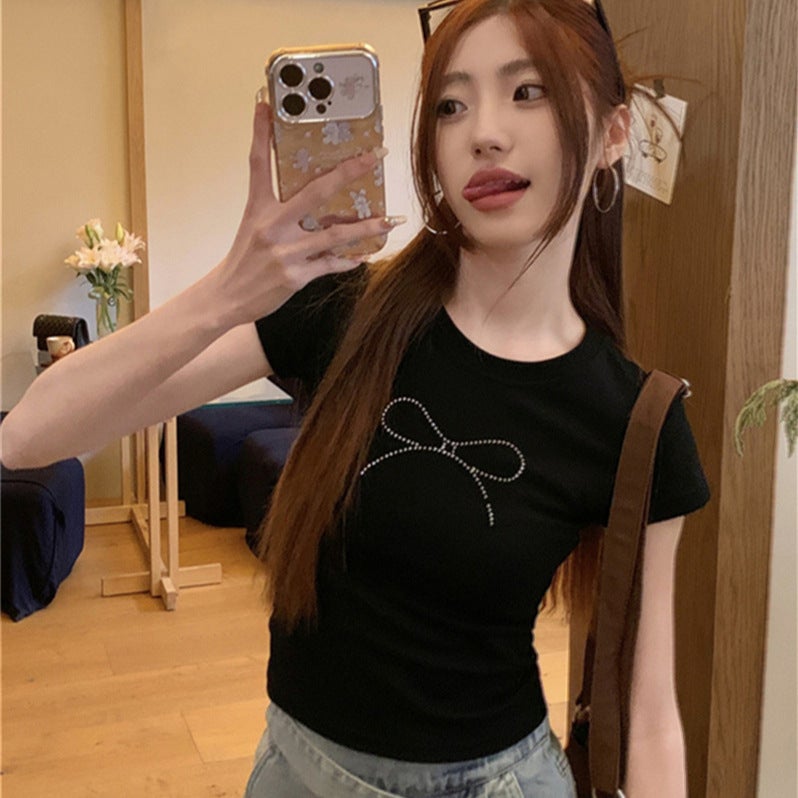 2025 Summer American Girl Short Sleeve T-Shirt Women'S Navel Black Bow Diamond Slim Short Top Trendy - Image 2