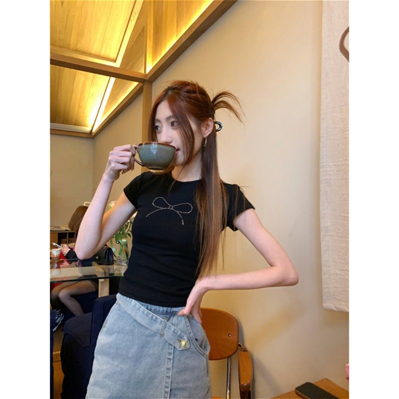 2025 Summer American Girl Short Sleeve T-Shirt Women'S Navel Black Bow Diamond Slim Short Top Trendy - Image 5
