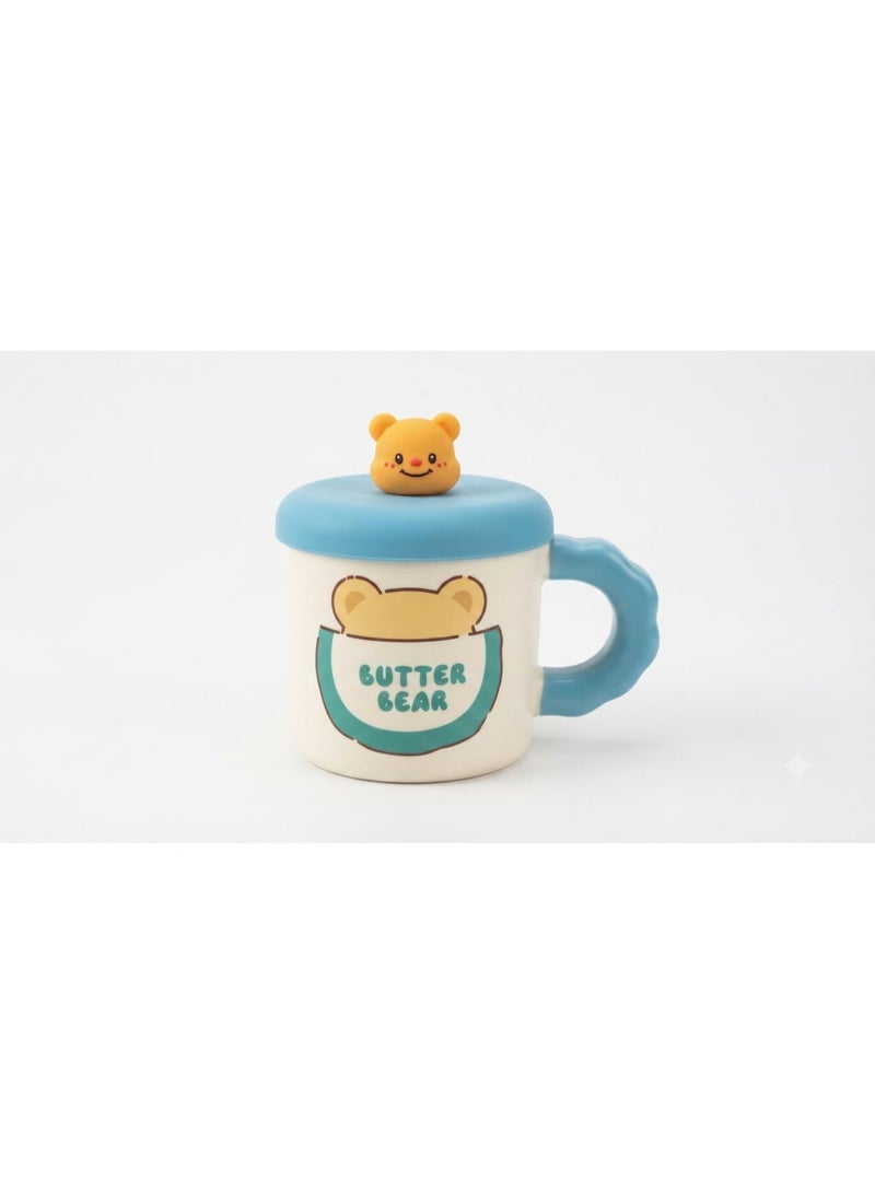 مج سيراميك "Butter Bear" بتصميم كرتوني مميز مع غطاء ومقبض مريح - سعة عملية للمشروبات الدافئة والباردة - Image 1