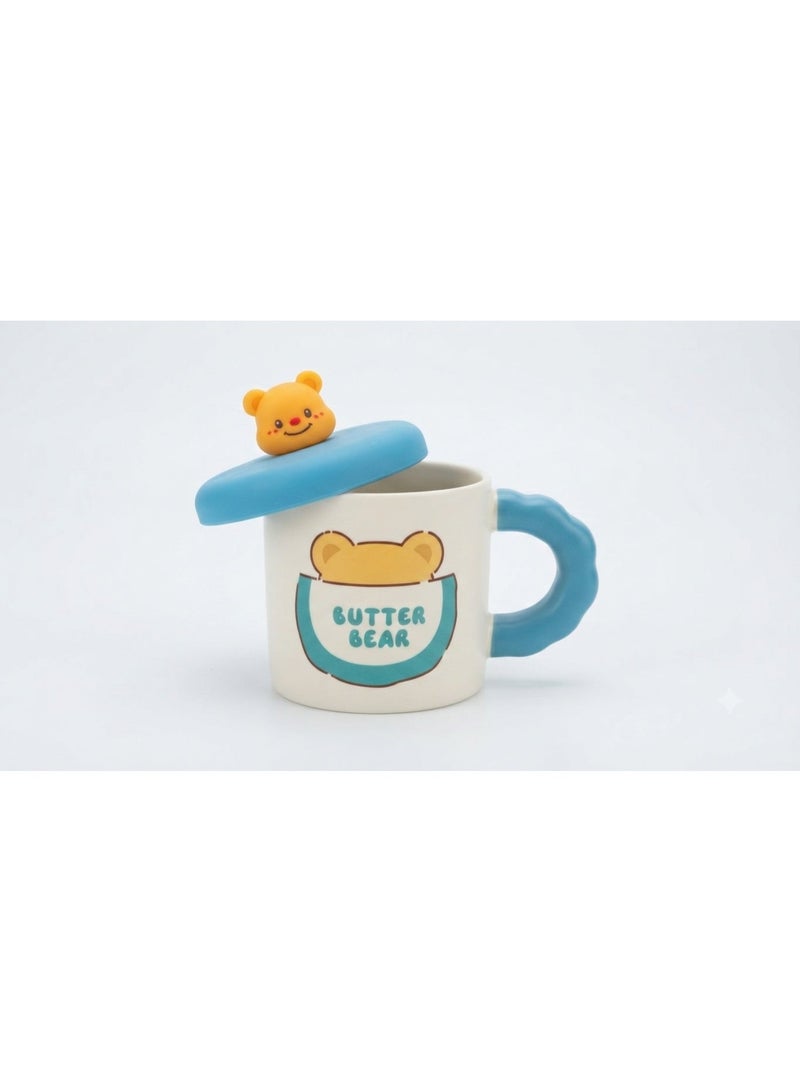 مج سيراميك "Butter Bear" بتصميم كرتوني مميز مع غطاء ومقبض مريح - سعة عملية للمشروبات الدافئة والباردة - Image 2