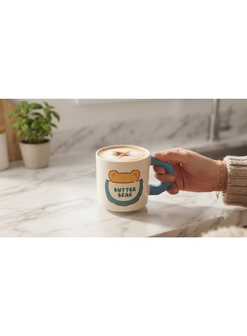 مج سيراميك "Butter Bear" بتصميم كرتوني مميز مع غطاء ومقبض مريح - سعة عملية للمشروبات الدافئة والباردة - Image 3