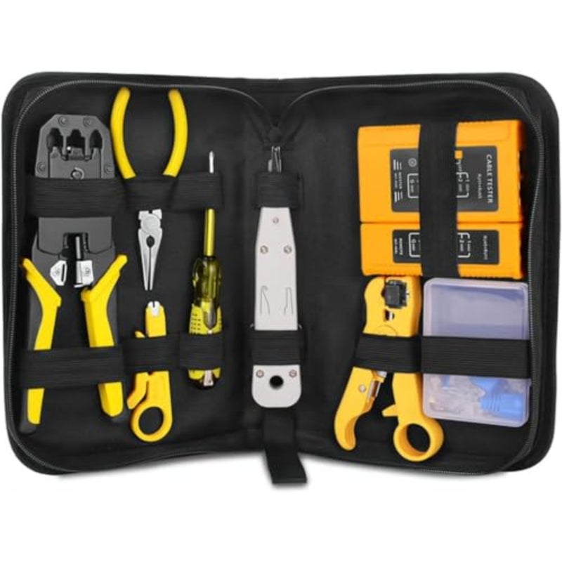 Crimping Tool Kit 12-in-1 for RJ11/RJ12/CAT5/CAT6/CAT5e Network Technicians: Stainless Steel, Precision Crimping Cutting, Blue, Includes Cable Cutter Tester Plier Crimper Plug Clamp - Image 1
