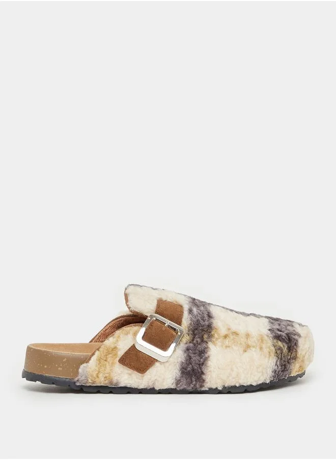 Styli Printed Fluffy Bedroom Slippers with Buckle Accent