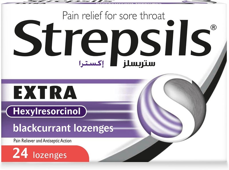Strepsils Extra Blackcurrant, Effective Pain Relief For Sore Throats, 24 Lozenges - Image 1