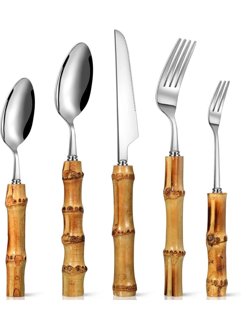 Bamboo Flatware Set, Natural Bamboo Style Handle Silverware Set, Bamboo Flatware Set, 304 Stainless Steel Flatware Cutlery Set, Dinnerware Set - Image 1