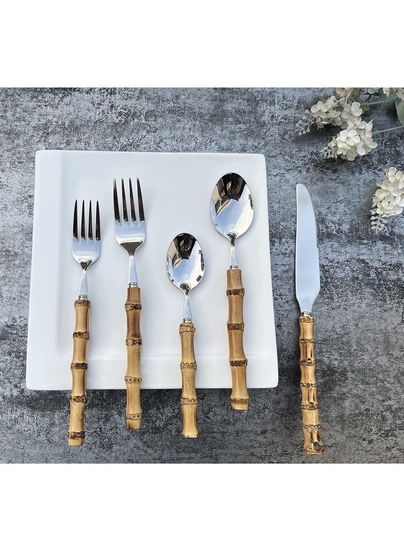 Bamboo Flatware Set, Natural Bamboo Style Handle Silverware Set, Bamboo Flatware Set, 304 Stainless Steel Flatware Cutlery Set, Dinnerware Set - Image 3