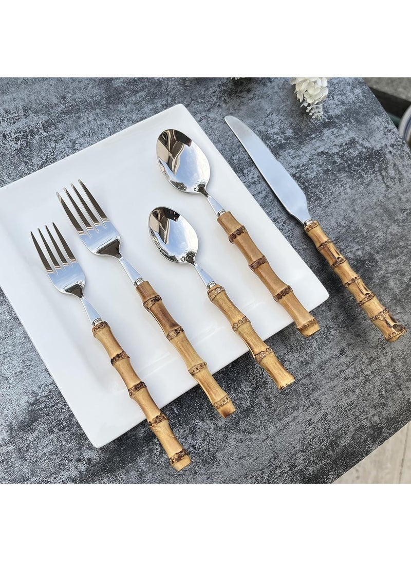 Bamboo Flatware Set, Natural Bamboo Style Handle Silverware Set, Bamboo Flatware Set, 304 Stainless Steel Flatware Cutlery Set, Dinnerware Set - Image 4