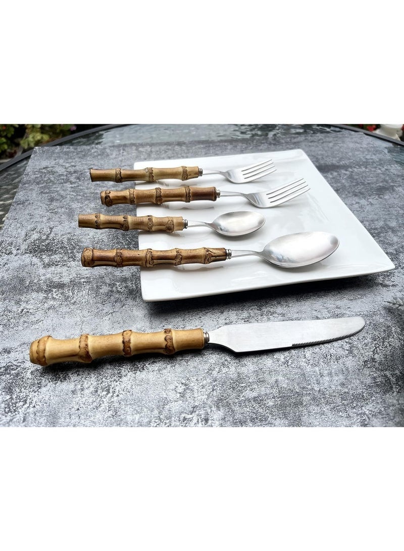 Bamboo Flatware Set, Natural Bamboo Style Handle Silverware Set, Bamboo Flatware Set, 304 Stainless Steel Flatware Cutlery Set, Dinnerware Set - Image 5