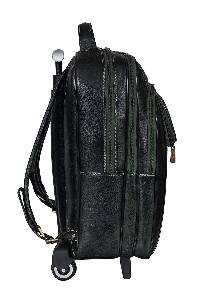 Brand Leather حقيبة ظهر دوارة من الجلد من ماركة BRAND لحمل اللابتوب مع عجلات للسفر، حقيبة سفر صغيرة للأعمال وحقيبة لابتوب للطلاب للرجال والنساء (أخضر) - Image 3