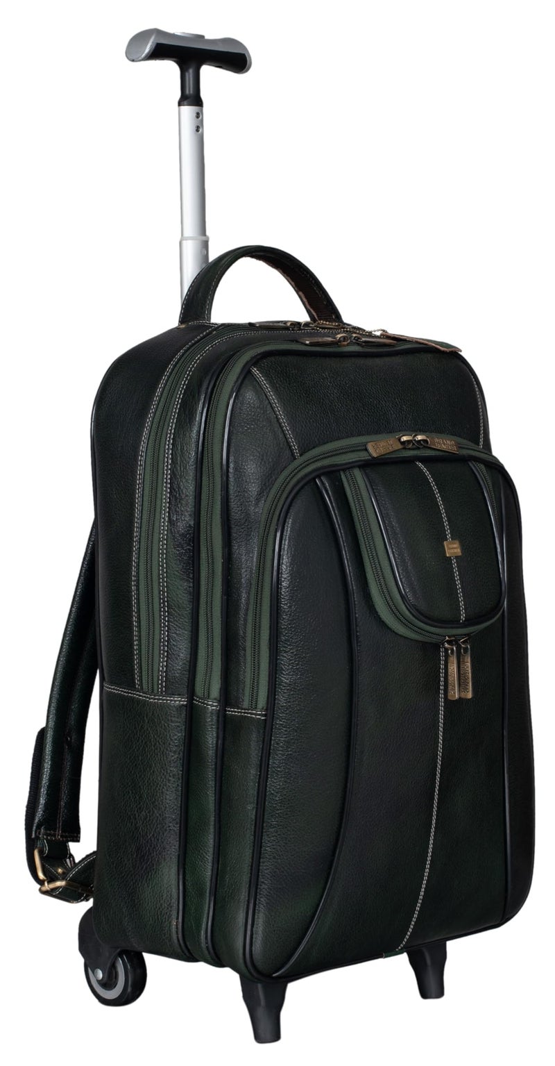 Brand Leather حقيبة ظهر دوارة من الجلد من ماركة BRAND لحمل اللابتوب مع عجلات للسفر، حقيبة سفر صغيرة للأعمال وحقيبة لابتوب للطلاب للرجال والنساء (أخضر) - Image 1