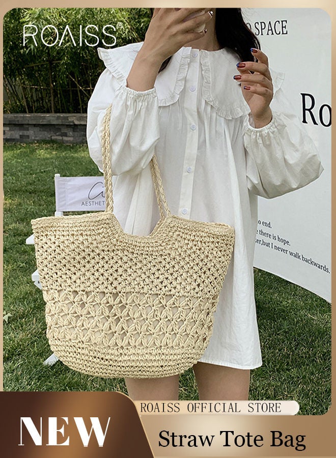 roaiss Women Straw Woven Shoulder Bag Summer Beach Travel Crossbody Handbag Classics Satchel Purse Woven Handbags Women Straw Tote Bag with Zip Woven Basket Bags  - Image 1