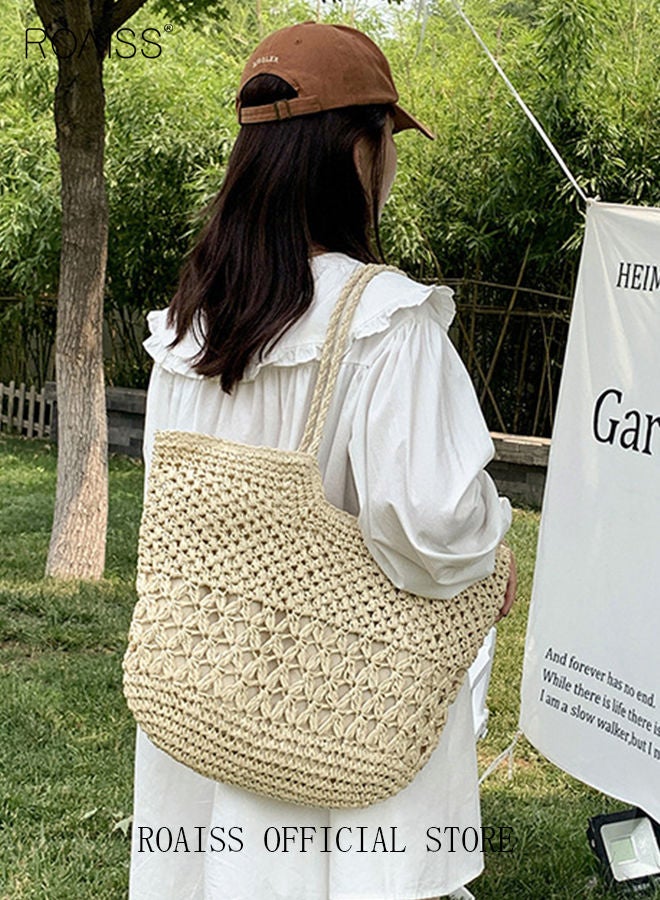 roaiss Women Straw Woven Shoulder Bag Summer Beach Travel Crossbody Handbag Classics Satchel Purse Woven Handbags Women Straw Tote Bag with Zip Woven Basket Bags  - Image 5