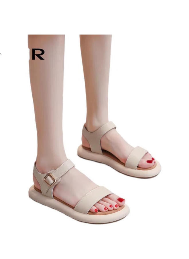 ZHR Women'S Summer Roman Style Flat Sandals Fashion Simple One-Word Strap Women'S Shoes M533 Beige Size 37 - Image 2