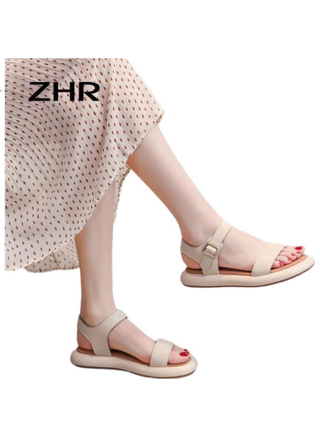 ZHR Women'S Summer Roman Style Flat Sandals Fashion Simple One-Word Strap Women'S Shoes M533 Beige Size 37 - Image 3