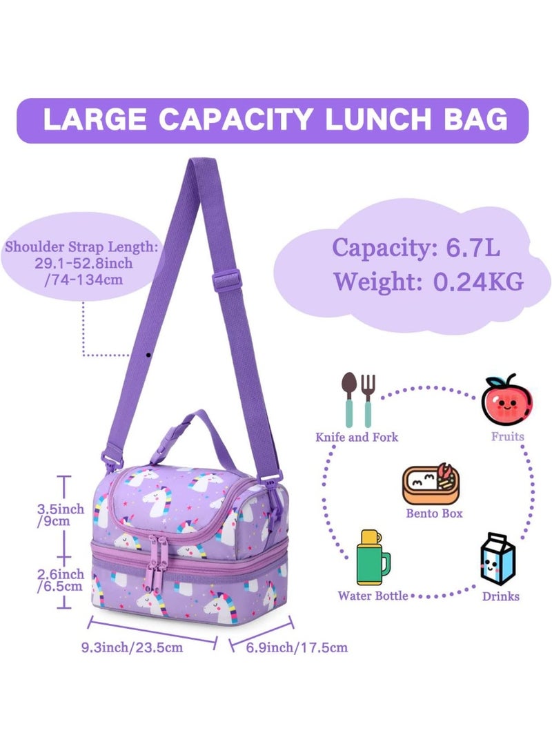 VASCHY Lunch Box Bag Kids, Insulated Two Compartments Cooler Bags Girls/Women w Shoulder Strap for School,Daycare,Kindergarten,Picnic Unicorn - Image 2