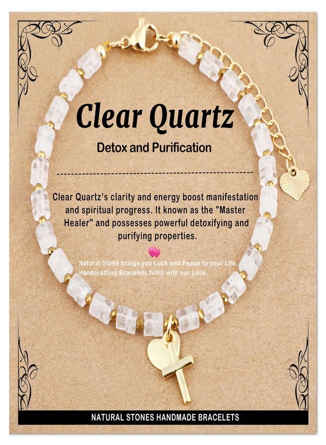 AD BEADS Natural Gemstone Healing Crystal Clear Crystal Dainty Charms Heart and Cross Bracelet Adjustable Chain Extender Minimalist Jewelry - Image 1