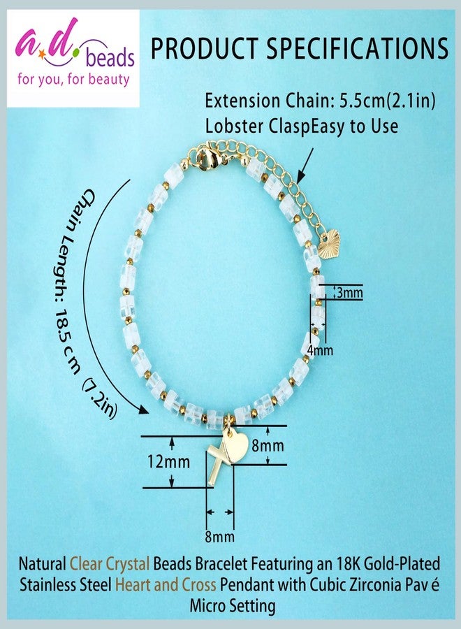 AD BEADS Natural Gemstone Healing Crystal Clear Crystal Dainty Charms Heart and Cross Bracelet Adjustable Chain Extender Minimalist Jewelry - Image 2