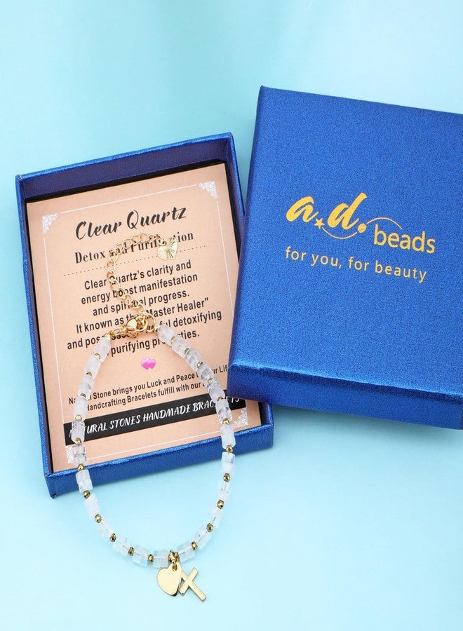 AD BEADS Natural Gemstone Healing Crystal Clear Crystal Dainty Charms Heart and Cross Bracelet Adjustable Chain Extender Minimalist Jewelry - Image 4