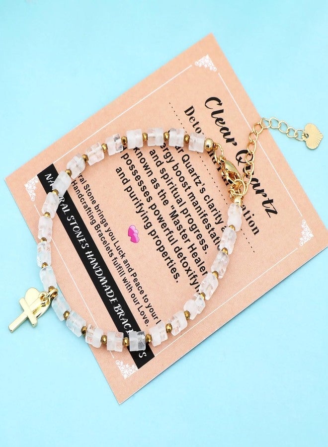 AD BEADS Natural Gemstone Healing Crystal Clear Crystal Dainty Charms Heart and Cross Bracelet Adjustable Chain Extender Minimalist Jewelry - Image 3