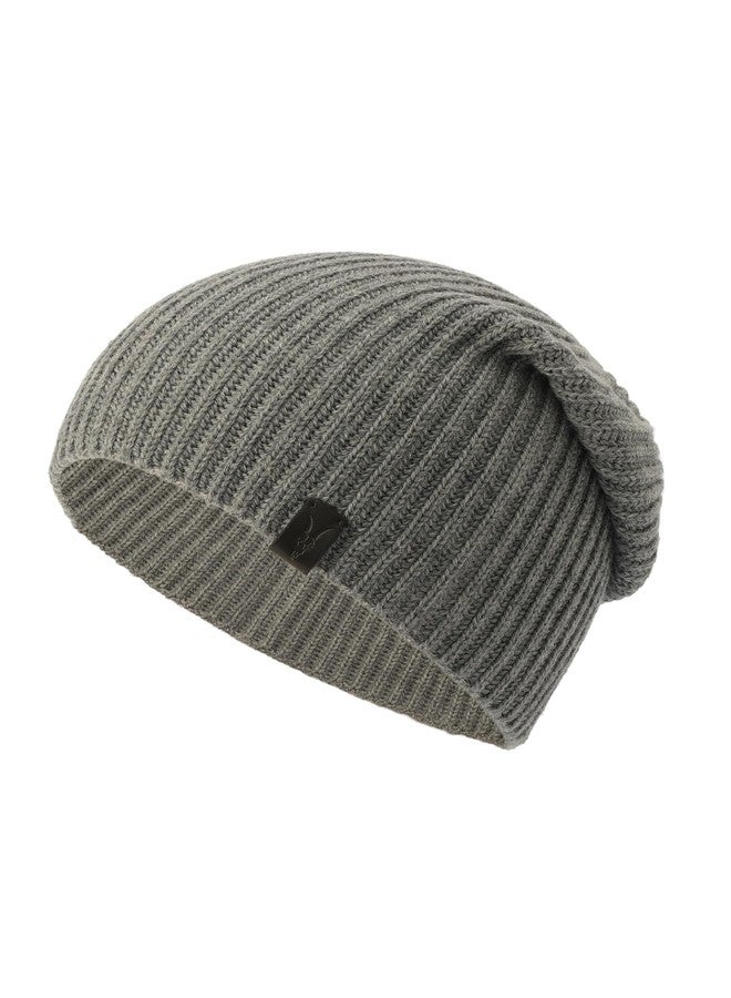 Allsaints Mens Merino Ribbed Beanie, Ribbed Hat with Logo Design, 100% Wool, Grey Marl - Image 1