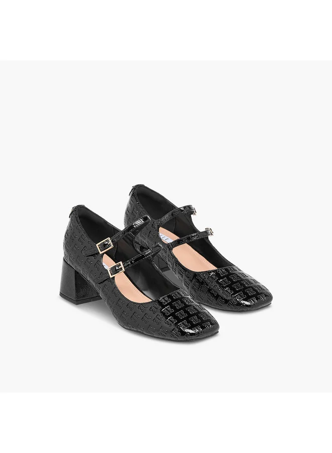 ELLE Women's Logo Embossed Block Heel Shoes with Double Buckle Closure