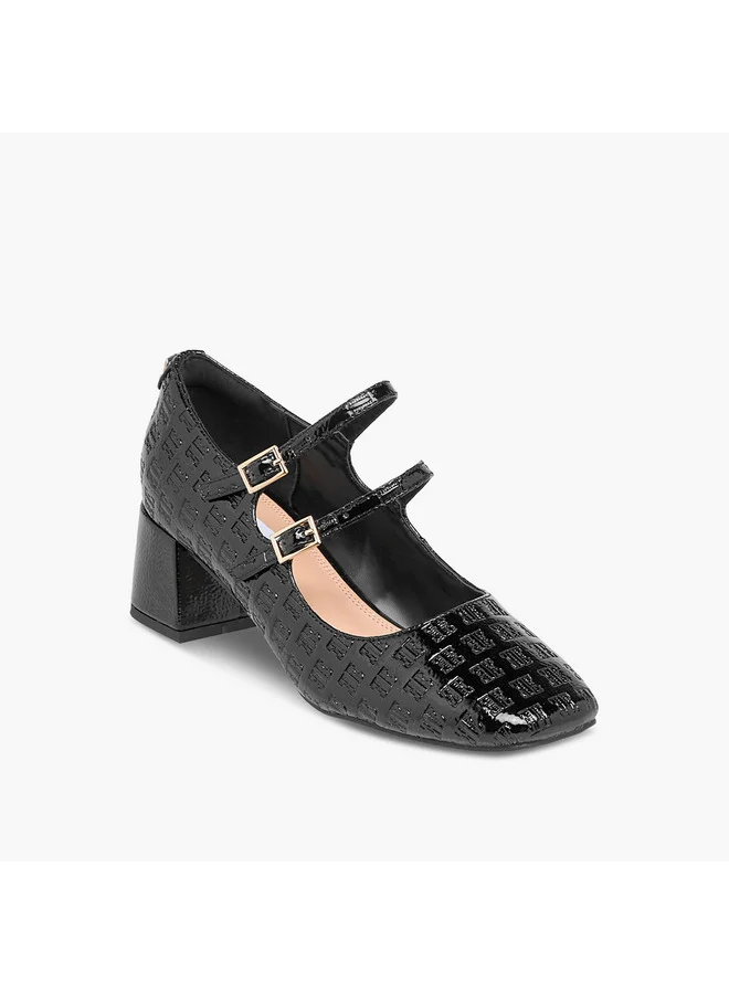 ELLE Women's Logo Embossed Block Heel Shoes with Double Buckle Closure