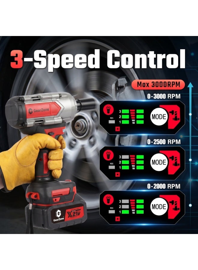 GearZone Cordless Impact Wrench, 1500N.m (1106Ft-lbs) 1/2" High Torque 1/2 Impact Gun with 21V 2x4.0AH Batteries, Fast Charger & 5 Sockets, 3000RPM Brushless Impact Driver for Home Car Truck Tires-Red - Image 3