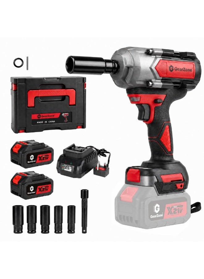GearZone Cordless Impact Wrench, 1500N.m (1106Ft-lbs) 1/2" High Torque 1/2 Impact Gun with 21V 2x4.0AH Batteries, Fast Charger & 5 Sockets, 3000RPM Brushless Impact Driver for Home Car Truck Tires-Red - Image 1