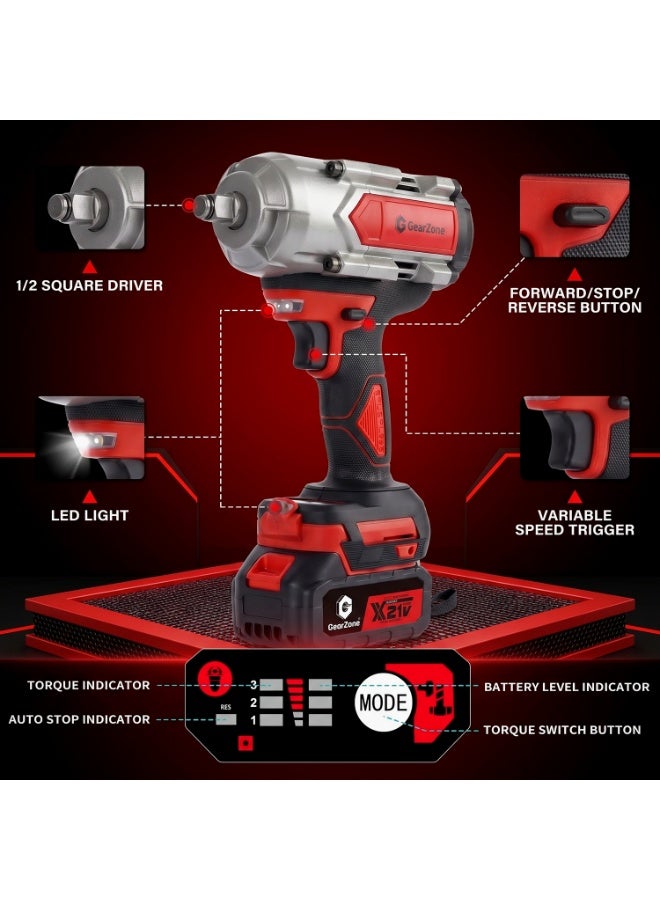 GearZone Cordless Impact Wrench, 1500N.m (1106Ft-lbs) 1/2" High Torque 1/2 Impact Gun with 21V 2x4.0AH Batteries, Fast Charger & 5 Sockets, 3000RPM Brushless Impact Driver for Home Car Truck Tires-Red - Image 5