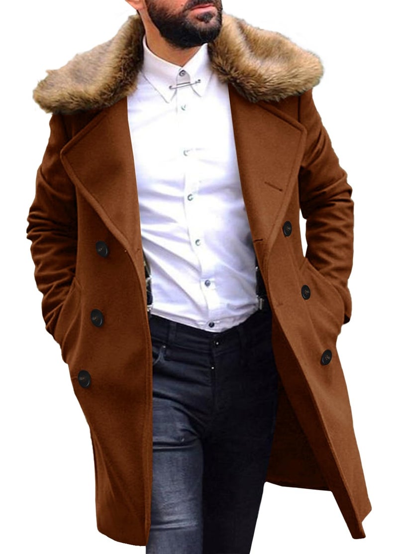 PASLTER Men's Winter Trench Overcoat Removable Faux Fur Collar Top Coat Double Breasted Business Long Pea Coat Brown - Image 1