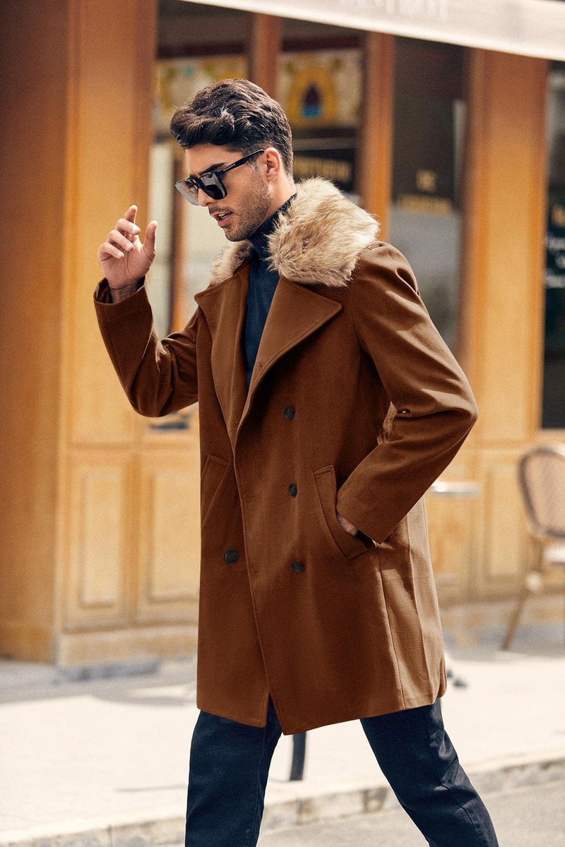 PASLTER Men's Winter Trench Overcoat Removable Faux Fur Collar Top Coat Double Breasted Business Long Pea Coat Brown - Image 3