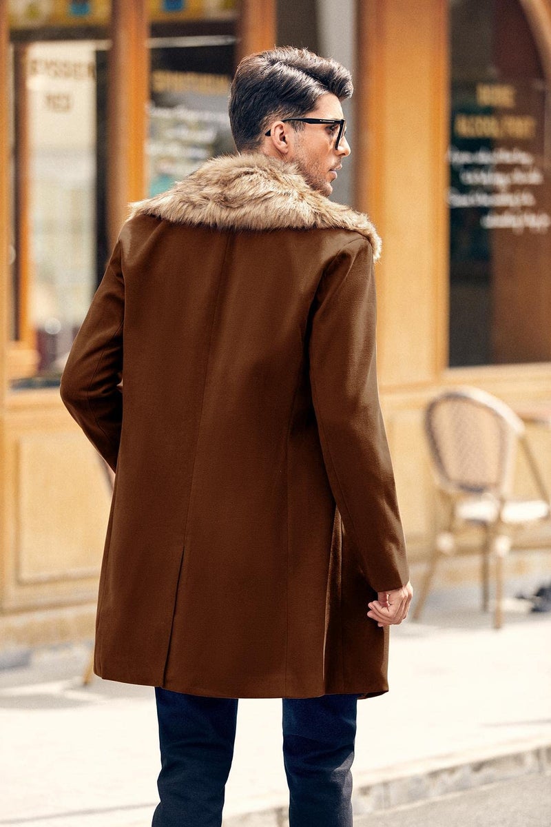 PASLTER Men's Winter Trench Overcoat Removable Faux Fur Collar Top Coat Double Breasted Business Long Pea Coat Brown - Image 4