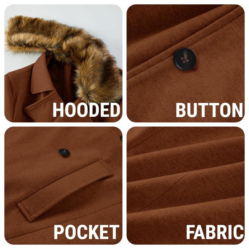 PASLTER Men's Winter Trench Overcoat Removable Faux Fur Collar Top Coat Double Breasted Business Long Pea Coat Brown - Image 5