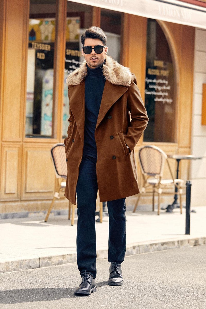 PASLTER Men's Winter Trench Overcoat Removable Faux Fur Collar Top Coat Double Breasted Business Long Pea Coat Brown - Image 2