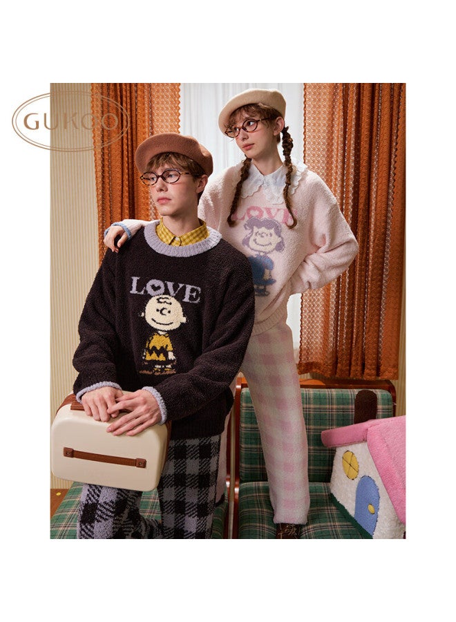 Gukoo Couple Pajamas Winter Snoopy Chenille Warm Cartoon Women's Homewear Set Men's Bear Black XL - Image 3