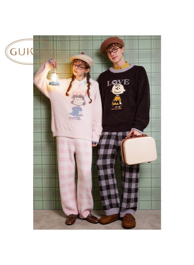 Gukoo Couple Pajamas Winter Snoopy Chenille Warm Cartoon Women's Homewear Set Men's Bear Black XL - Image 1