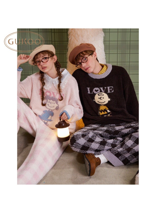 Gukoo Couple Pajamas Winter Snoopy Chenille Warm Cartoon Women's Homewear Set Men's Bear Black XL - Image 2