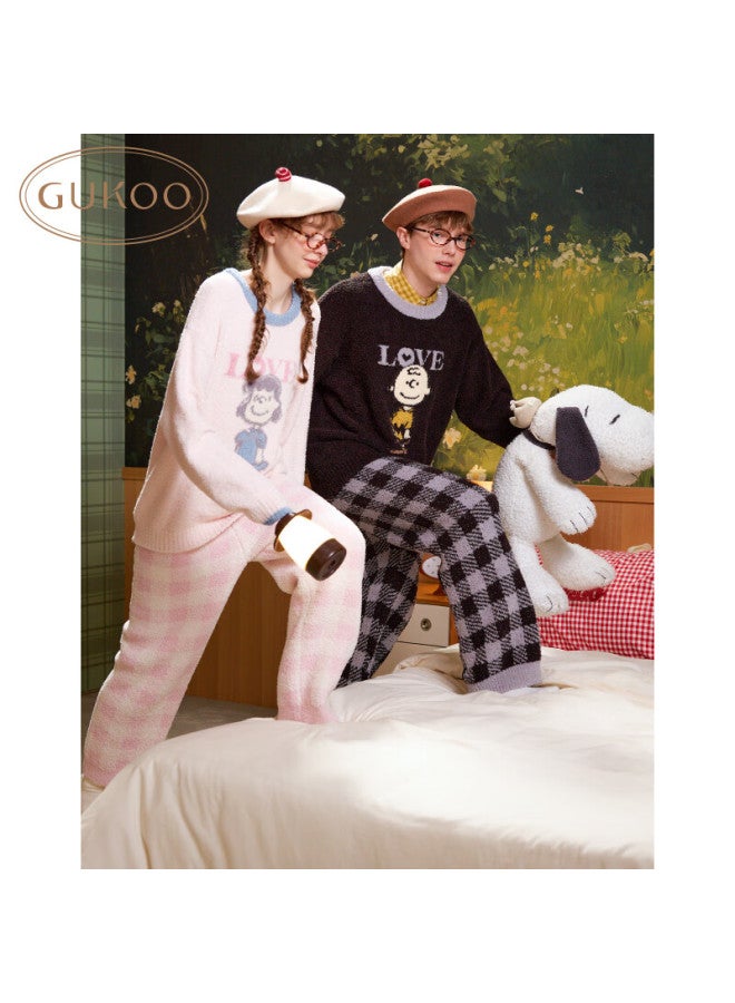 Gukoo Couple Pajamas Winter Snoopy Chenille Warm Cartoon Women's Homewear Set Men's Bear Black XL - Image 4
