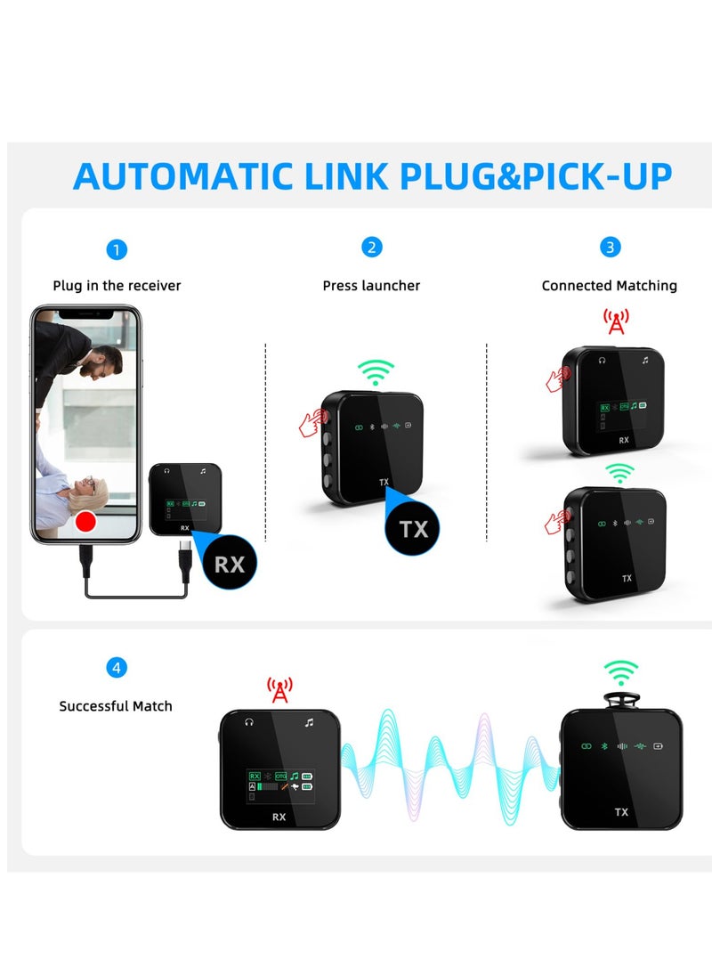 ميكروفون لافاليير لاسلكي 2.4 جيجاهرتز (2TX + 1RX) لأجهزة iPhone/Android - ميكروفون صغير قابل للتثبيت للمقابلات الاحترافية والبث المباشر على YouTube وFacebook