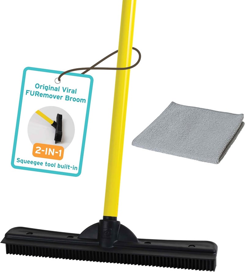 FURemover Original Pet Hair Rubber Broom with Squeegee, with 58” Telescopic Handle for Carpet, Tile and Hardwood and Scrub Cloth Combo - Image 1