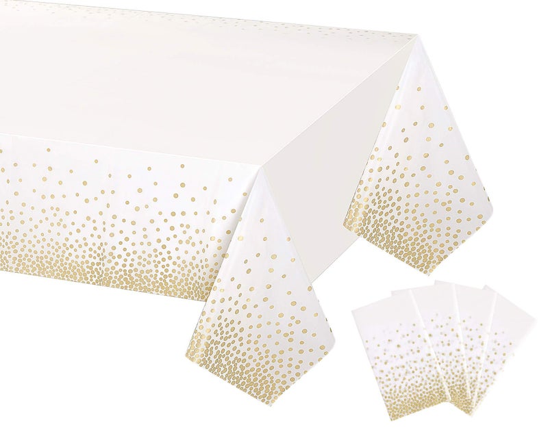 Gexolenu 4 Pack White  Gold Dot Plastic Tablecloth for Rectangle Tables54 x 108 Disposable Table Cloth for Birthday Wedding Baptism Decorations Engagement Party Decorations