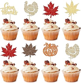Ephlyn 24Pcs Thanksgiving Cupcake Toppers Glitter Turkey Maple Leaves Pumpkin Hazelnut Fall Theme Cupcake Picks - Image 1