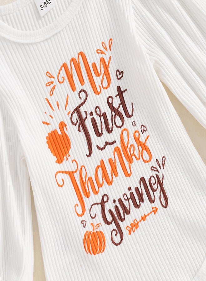 Lukivech My First Thanksgiving Baby Girl Outfit Newborn Puff Long Sleeve Ribbed Knit Romper Turkey Flare Pants Headband Set(White, 6-12 Months) - Image 5
